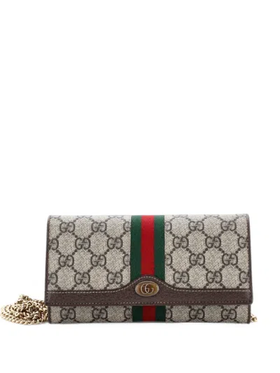 Pre-owned Gucci Ophidia Chain Wallet Gg Coated Canvas Crossbody Bag In Brown