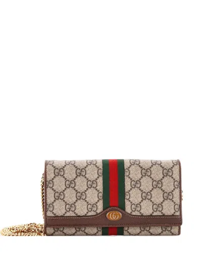 Pre-owned Gucci Ophidia Chain Wallet Gg Coated Canvas Crossbody Bag In Brown