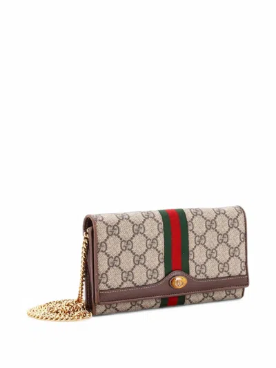 Pre-owned Gucci Ophidia Chain Wallet Gg Coated Canvas Crossbody Bag In Brown