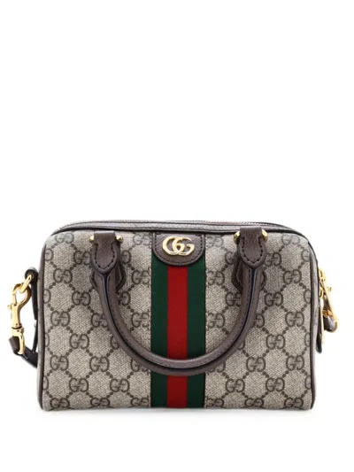 Pre-owned Gucci Ophidia Convertible Boston Bag Gg Coated Canvas Mini Satchel In Brown
