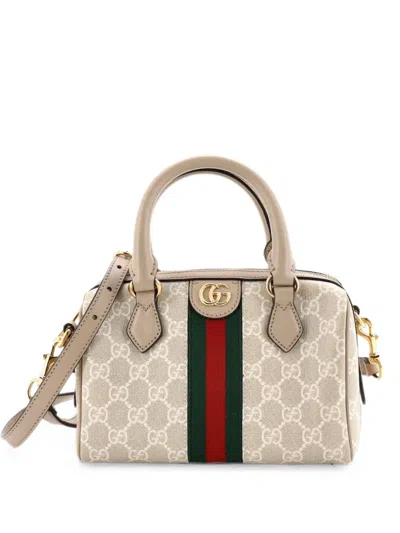 Pre-owned Gucci Ophidia Convertible Boston Bag Gg Coated Canvas Mini Satchel In Neutral