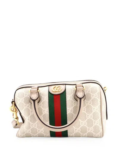 Pre-owned Gucci Ophidia Convertible Boston Bag Gg Coated Canvas Mini Satchel In White