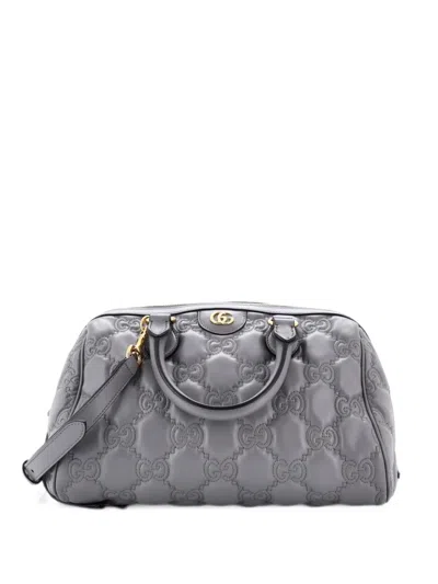Pre-owned Gucci Ophidia Convertible Boston Top Handle Bag Gg Matelasse Leather Medium Satchel In Grey