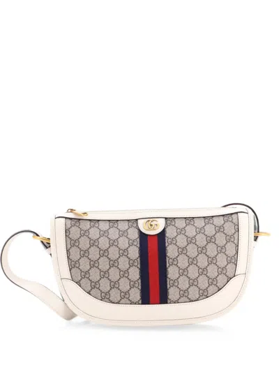 Pre-owned Gucci Ophidia Curved Zip Shoulder Bag Gg Coated Canvas With Leather Large Crossbody Bag In White