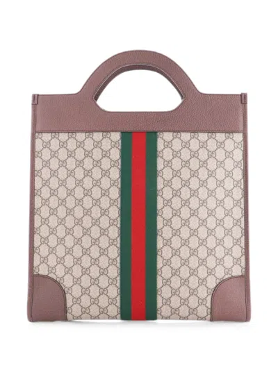 Pre-owned Gucci Ophidia Cut Out Handle Bag Gg Coated Canvas With Leather Large Satchel In 褐色