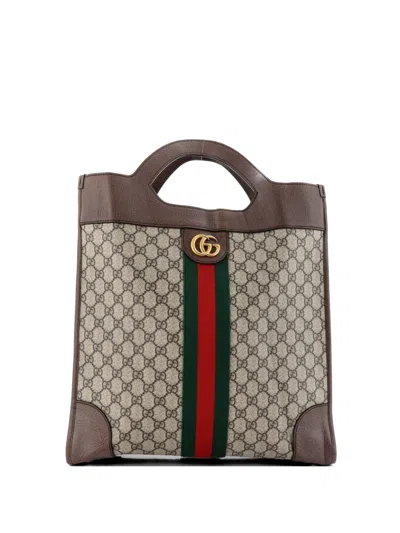 Pre-owned Gucci Ophidia Cut Out Handle Bag Gg Coated Canvas With Leather Large Satchel In Brown