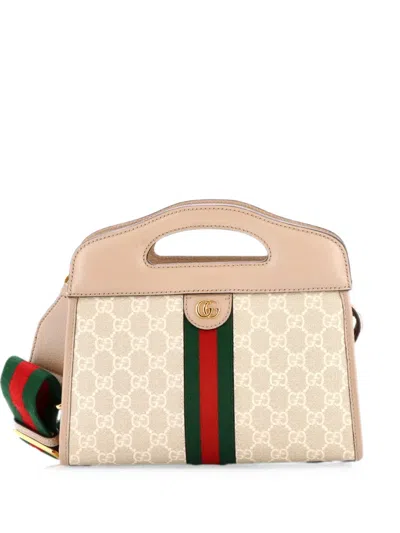 Pre-owned Gucci Ophidia Cut Out Handle Bag Gg Coated Canvas With Leather Small Shoulder Bag In Neutral