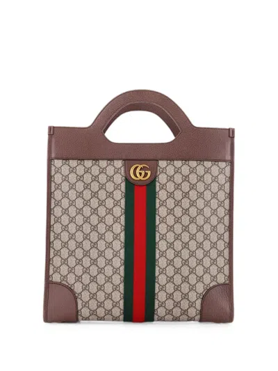 Pre-owned Gucci Ophidia Cut Out Handle Gg Coated Canvas Medium Tote Bag In Brown