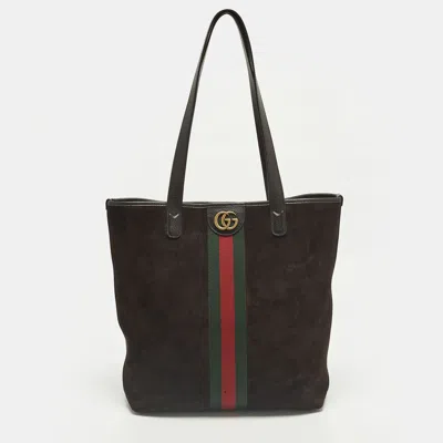 Pre-owned Gucci Ophidia Dark Brown Leather And Suede Open Tote