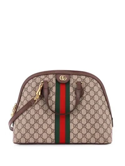 Pre-owned Gucci Ophidia Dome Top Handle Bag Gg Coated Canvas Medium Satchel In 褐色