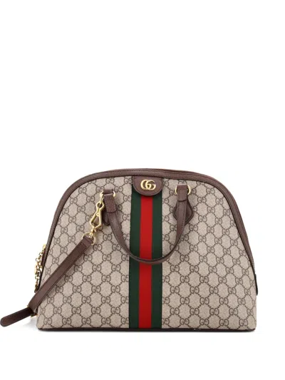 Pre-owned Gucci Ophidia Dome Top Handle Bag Gg Coated Canvas Medium Satchel In Brown