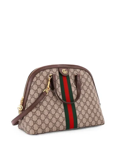 Pre-owned Gucci Ophidia Dome Top Handle Bag Gg Coated Canvas Medium Satchel In Brown