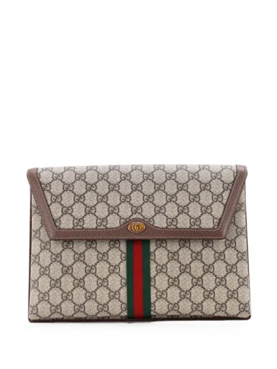 Pre-owned Gucci Ophidia Flap Gg Coated Canvas Large Clutch Bag In Brown