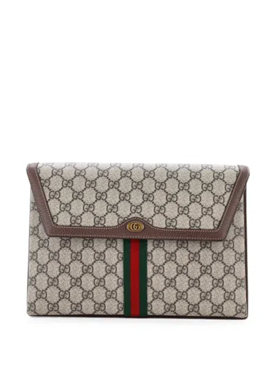 Pre-owned Gucci Ophidia Flap Gg Coated Canvas Large Clutch Bag In Brown