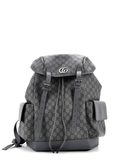 Pre-owned Gucci Ophidia Flap Gg Coated Canvas Medium Backpack In Gray