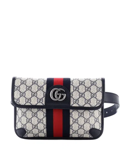 Pre-owned Gucci Ophidia Flap Gg Coated Canvas With Leather Belt Bag In Blue
