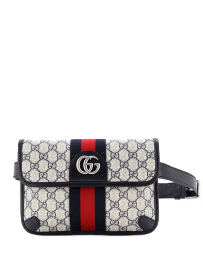 Pre-owned Gucci Ophidia Flap Gg Coated Canvas With Leather Belt Bag In Blue