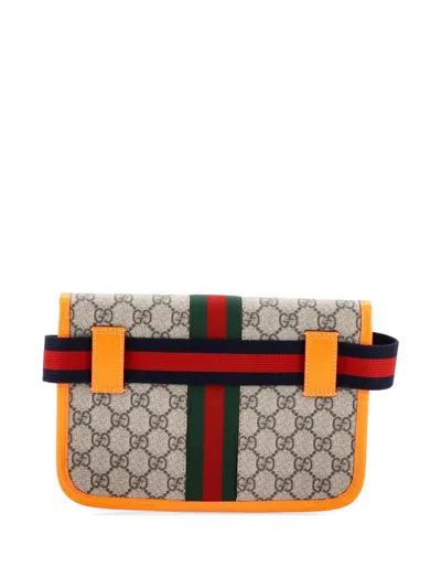 Pre-owned Gucci Ophidia Flap Gg Coated Canvas With Leather Belt Bag In Brown