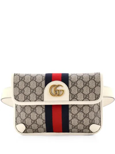 Pre-owned Gucci Ophidia Flap Gg Coated Canvas With Leather Belt Bag In Brown