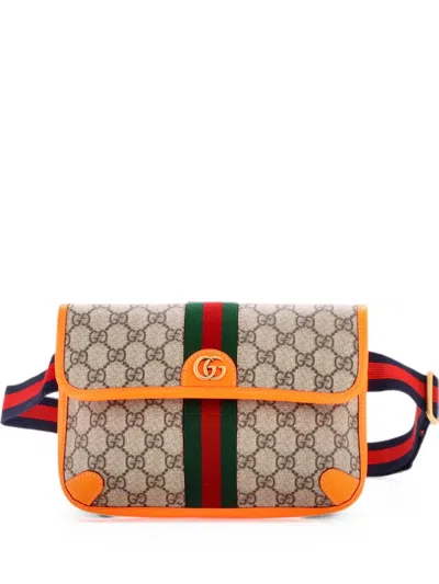 Pre-owned Gucci Ophidia Flap Gg Coated Canvas With Leather Belt Bag In Brown