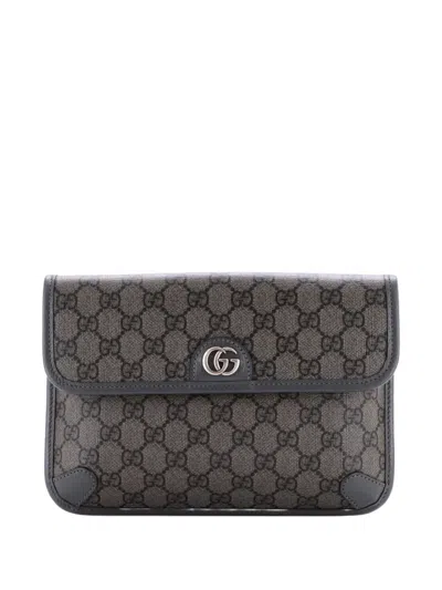 Pre-owned Gucci Ophidia Flap Gg Coated Canvas With Leather Belt Bag In Gray