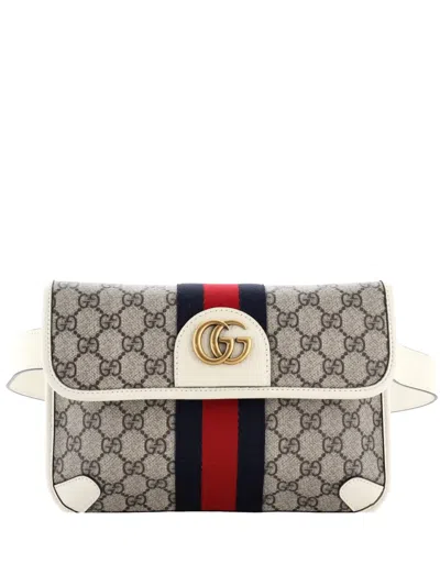 Pre-owned Gucci Ophidia Flap Gg Coated Canvas With Leather Belt Bag In Neutral