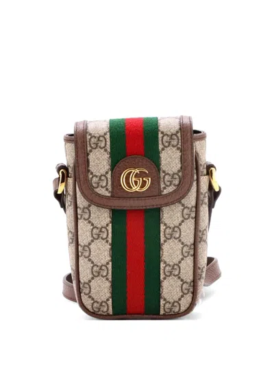 Pre-owned Gucci Ophidia Flap Phone Holder Gg Coated Canvas Crossbody Bag In Brown