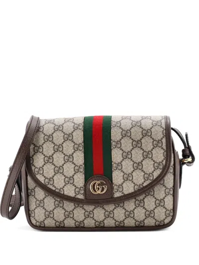 Pre-owned Gucci Ophidia Flap Shoulder Bag Gg Coated Canvas With Leather Small Crossbody Bag In Brown