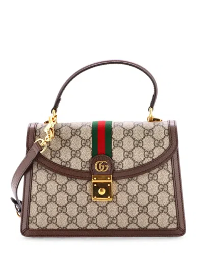 Pre-owned Gucci Ophidia Flap Top Handle Bag Gg Coated Canvas Small Satchel In Brown