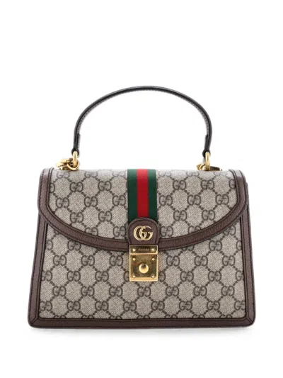 Pre-owned Gucci Ophidia Flap Top Handle Bag Gg Coated Canvas Small Satchel In Brown