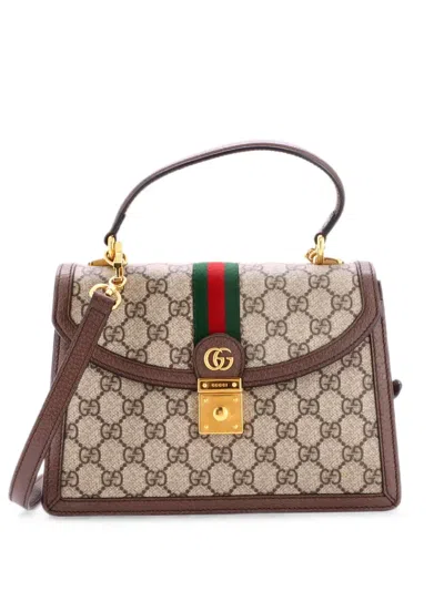 Pre-owned Gucci Ophidia Flap Top Handle Bag Gg Coated Canvas Small Satchel In Brown