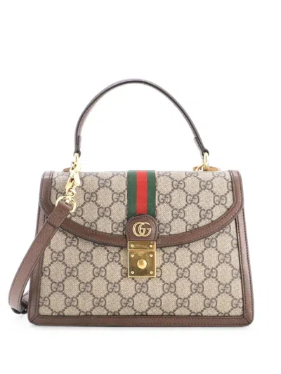 Pre-owned Gucci Ophidia Flap Top Handle Bag Gg Coated Canvas Small Satchel In Brown