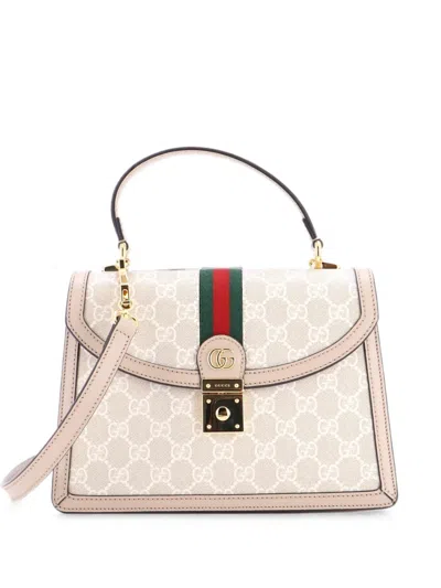 Pre-owned Gucci Ophidia Flap Top Handle Bag Gg Coated Canvas Small Satchel In Neutral