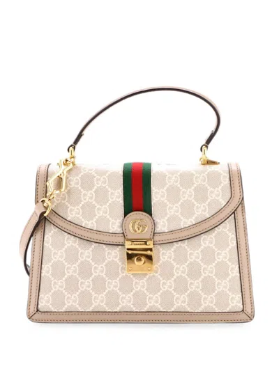 Pre-owned Gucci Ophidia Flap Top Handle Bag Gg Coated Canvas Small Satchel In Neutral