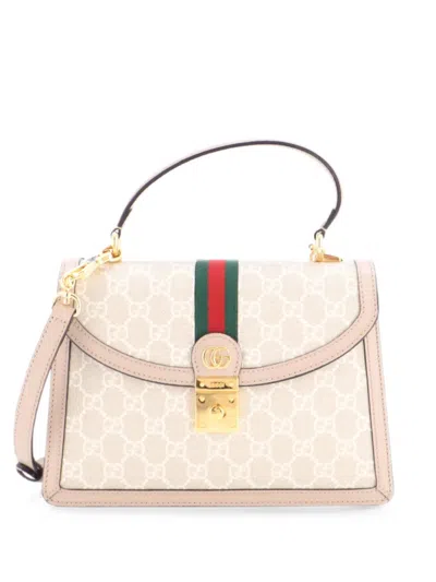 Pre-owned Gucci Ophidia Flap Top Handle Bag Gg Coated Canvas Small Satchel In Neutral