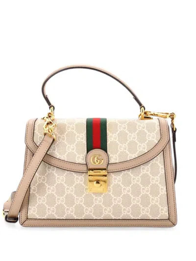 Pre-owned Gucci Ophidia Flap Top Handle Bag Gg Coated Canvas Small Satchel In Neutrals