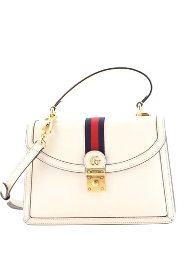 Pre-owned Gucci Ophidia Flap Top Handle Bag Leather Small Satchel In Neutral