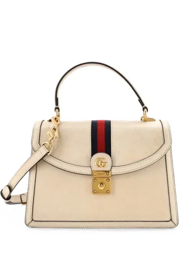 Pre-owned Gucci Ophidia Flap Top Handle Bag Leather Small Satchel In Neutrals
