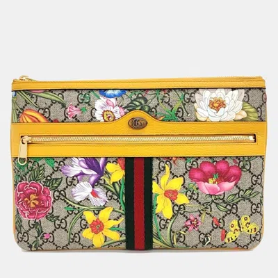 Pre-owned Gucci Brown/yellow Gg Supreme Canvas Ophidia Flora Clutch In Multicolor