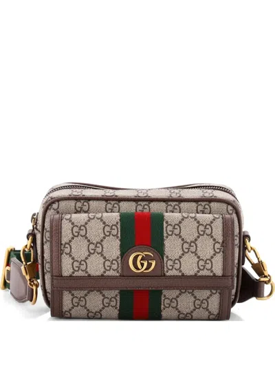 Pre-owned Gucci Ophidia Front Pocket Camera Bag Gg Coated Canvas Mini Shoulder Bag In Brown