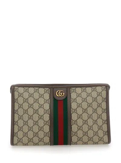 Gucci 'ophidia Gg' Beige And Ebony Pouch With Web Detail In Gg Supreme Canvas Man In Multicolor
