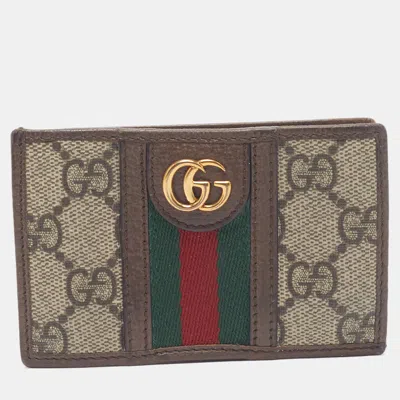 Pre-owned Gucci Ophidia Gg Beige/ebony Gg Supreme Coated Canvas And Leather Card Holder In Sand
