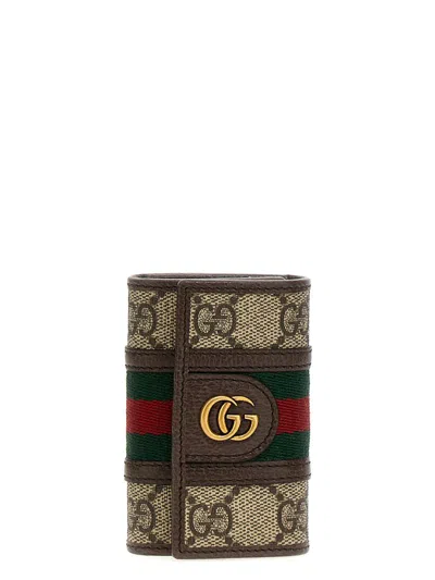 Gucci Gg Supreme Fabric And Leather Key Ring In Brown