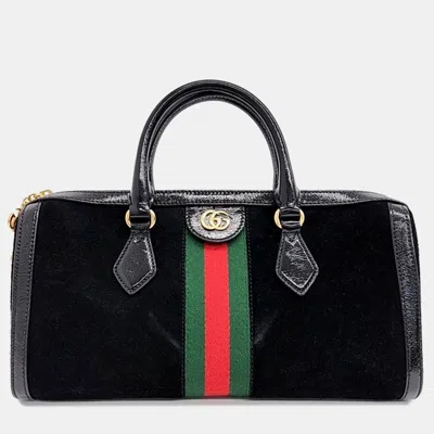 Pre-owned Gucci Black Velvet/leather Ophidia Gg Medium Top Handle Bag
