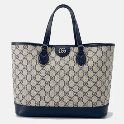 Pre-owned Gucci Ophidia Gg Supreme 2way Tote Bag Beige/navy Pvc Leather Size Small In Sand