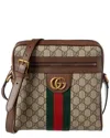 Gucci Men Gg Supreme Fabric And Leather Shoulder Bag With Iconic Web Band In Beige