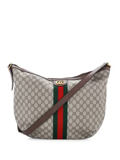 Pre-owned Gucci Ophidia Half Moon Gg Coated Canvas Large Hobo Bag In Brown