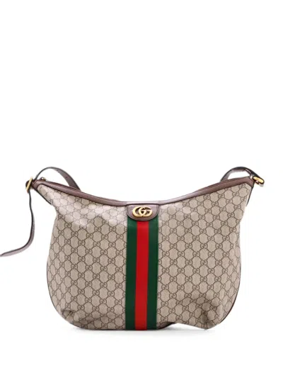 Pre-owned Gucci Ophidia Half Moon Gg Coated Canvas Large Hobo Bag In Brown