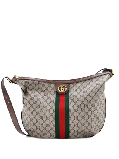 Pre-owned Gucci Ophidia Half Moon Gg Coated Canvas Large Hobo Bag In Neutral