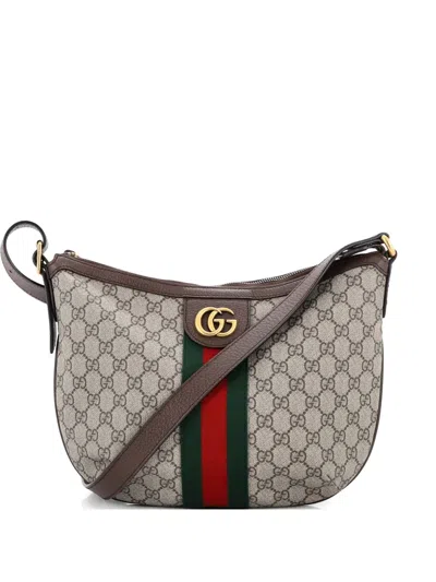 Pre-owned Gucci Ophidia Half Moon Hobo Gg Coated Canvas Small Crossbody Bag In Brown